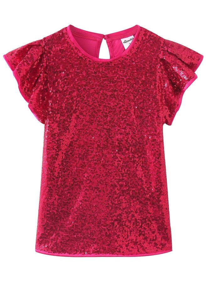 Noomelfish Girls Short Sleeve Sequin Shirts Party Glitter Sparkly Tops Blouse, Hot Pink, Size 11-12 Years - Image 1
